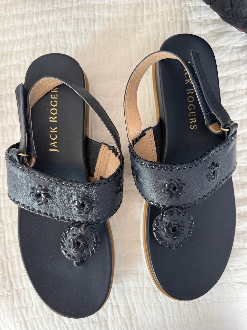 Jack Rogers Black Leather Whipstitch Slingback Sandals - Picture 2 of 4